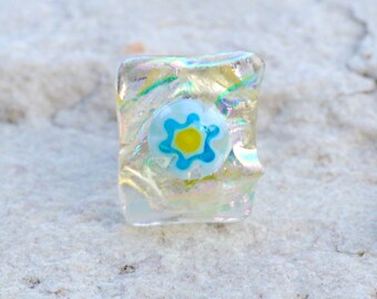 Dichroic Glass Tie Tack Stud or Lapel Pin Brooch Textured Iridescent Clear Crystal Ice with Millefiori Detail - Silver Fitting - Gift Boxed