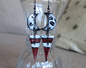red and black earrings, goth earrings, black and white earrings, dagger earrings, long earrings, long red earrings, long black earrings