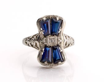 Circa 1930's Edwardian 18K White Gold .01ct Antique Single Cut Diamond and Created Sapphire Engagement Ring - VEG#808