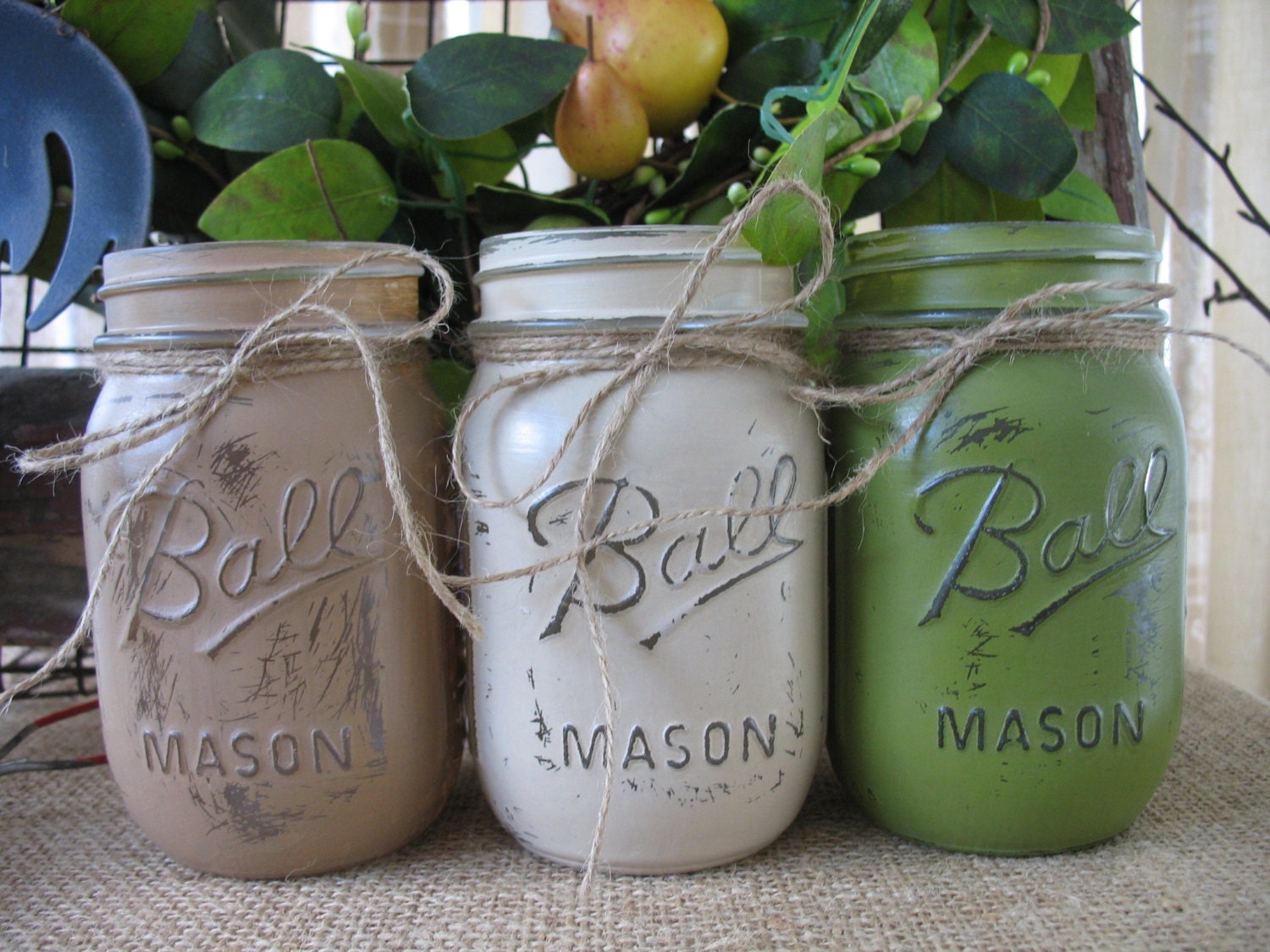 SALE Set of 3 Pint Mason Jars Painted Mason Jars Home