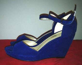 Blue Velvet Peephole Wedge Sandals