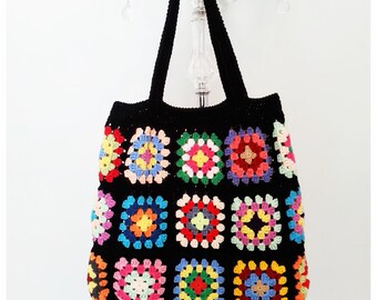 Crochet Bag, Shoulder Bag, Crochet Purse, Woman's Bag, Tote bag, Crochet tote Bag, Granny Square Bag, Summer Bag, Gift for Her ,Black Bag