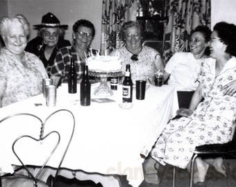 vintage photo 1954 Unusual Out of Context Woman Beer or Birthday Cake Happy Gals snapshot