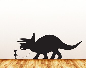 WALL ~ Pet Dinosaur A Girl and Her Triceratops - Wall Vinyl Decal Sticker - Copyright © Yadda-Yadda Design Co. (36"w x 14"h)(BLACK) (L or R)