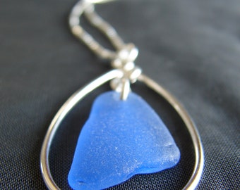 Sea Glass Necklace / beach glass jewelry / sterling silver sea glass jewelry / teardrop necklace / beach wedding / cornflower blue