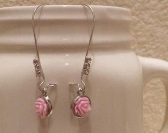 Pink Rose and Rhinestone Earrings