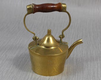 Solid Brass Miniature Teapot Kettle with Lid and Wooden Handle