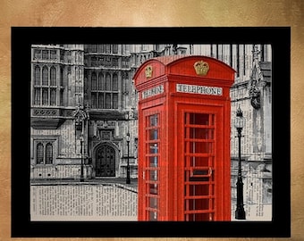 SALE--ship June 25-- London Red Phone Booth Dictionary Art Print Architecture England UK Britain Travel Gift Ideas Wall Art Decor da785