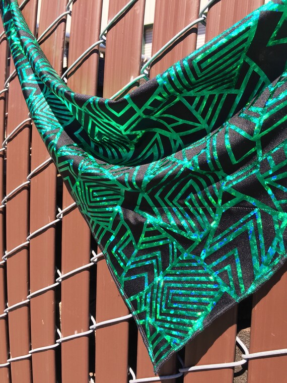 Holographic Green Geometric Print on Black Spandex Bandana w/ Hidden Stash Pocket