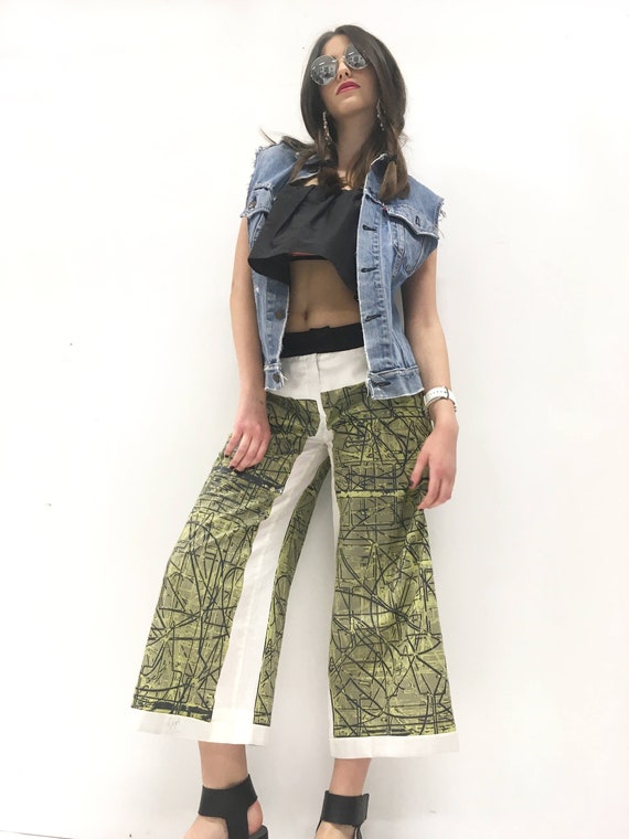 LOLA DARLING Short Printed Palazzo Pant Unique Trouser Graphic Art Work Hand printed on Cotton. Tailored by hand in Italy Limited edition