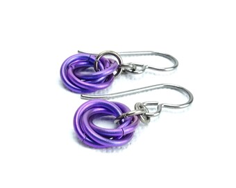 Niobium Earrings Indigo Mobius, Hypo Allergenic Earwires No Nickel Earrings for Sensitive Earlobes, Chainmaille Flower Titanium Earrings