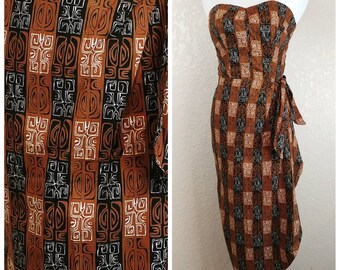 Gorgeous Vintage Tiki Print Lauhala Sarong Hawaiian Dress