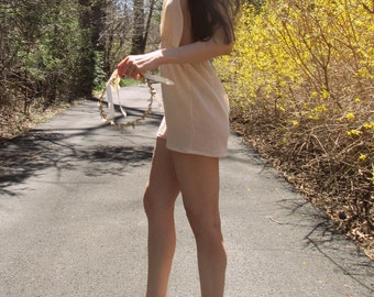 by the sea - natural caramel soft cotton gauze beach cover up boho hippie mini dress xs small