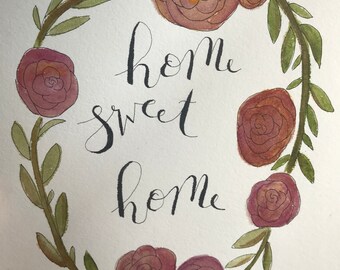 Home sweet home watercolor and ink painting, 8x10