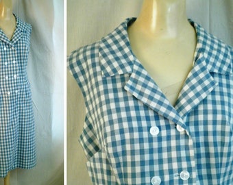 Vintage 1960s Scooter Dress Blue Checked Summer Dress Sleeveless Plaid 38 x 33 x 40