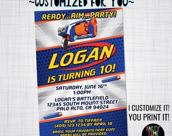 Dart Invitation Birthday Party Dart Wars Dart Invite Battle Orange Blue Silver Strongarm Gun Blaster Card - (Evite) Digital File Supplied