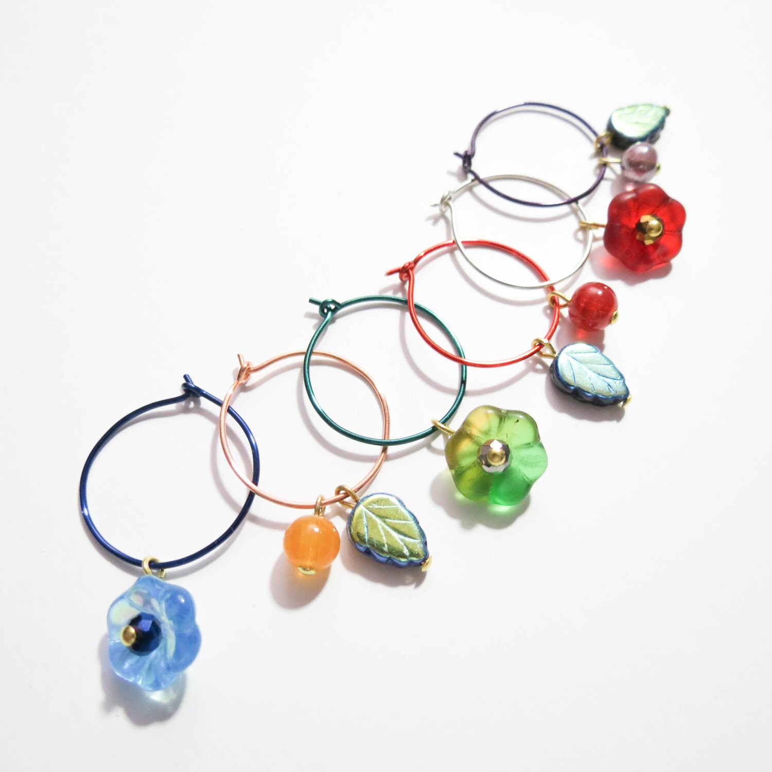 Wine glass markers set of 6 flower wine charms czech glass