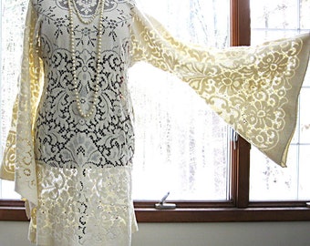 Lace bohemian wedding dress, cream lace dress, hippie wedding dress, formal dress, bell sleeves, size medium-large, by Lily Whitepad
