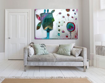 Large White abstract Print of painting with pink blue and white, giclée print painting "I blown dandelion"