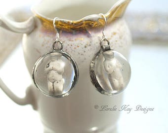 Tiny Frozen Charlotte Doll Earrings Soldered Resin Dome Dangle Petite Earrings Lorelie Kay Original