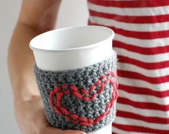 Red Heart Coffee Cup Sleeve, HEART Coffee Cup Cozy, Crochet, Reusable Coffee Cozy, VALENTINES by The Cozy Project