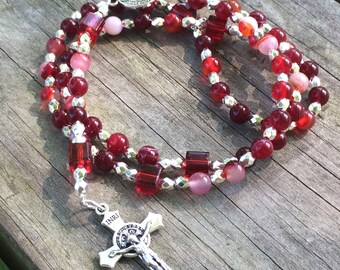 Striped red agate & silver rosary; Prayer beads; Scriptural; Dominican Rosary; St. Benedict Crucifix Center Medal