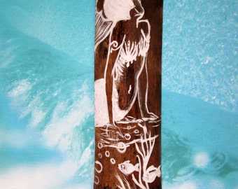 Original Hand Painted Mermaid -White on Natural Bamboo- Fantasy mermaid art- Beach decor