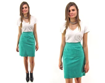 Minimalist 80s Leather Skirt, High-Waist Skirt, Pencil Leather Skirt, Green Leather Skirt, Fitted Skirt Δ size: md