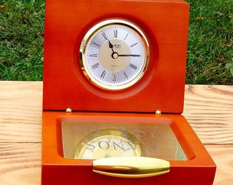 VINTAGE Clock, Antique Danbury Desktop Alarm Clock, Natural Wood Gilt Brass Box Clocks, Ancient Home Decor English Clock