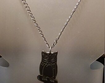 Owl hematite stone pendant on silver chain