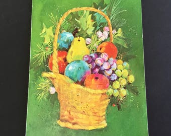 Vintage mid century Christmas greeting card, gold basket, colorful fruit