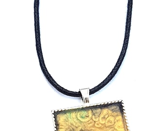 Yellow and green handpainted necklace, resin jewellery, wearable art, arty gift
