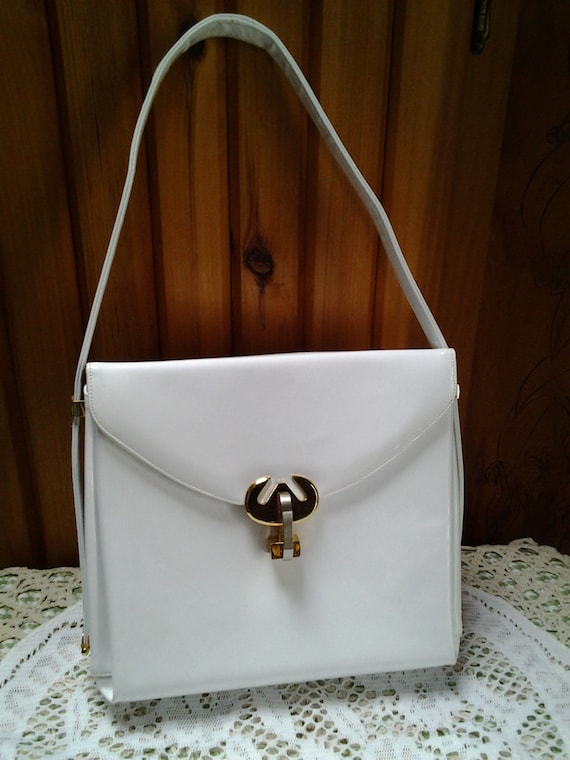 White Shiny Vinyl Designer Handbag from the 1960s by Prestige