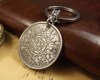 Genuine 1956 UK 2 Shilling Keychain 62nd Birthday Gift