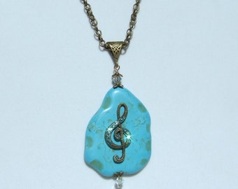 G CLEF NECKLACE, Treble Clef Necklace, Swarovski Crystals, Turquoise Stone, Music Necklace, Music Student Music Teacher Gift, Music Gift
