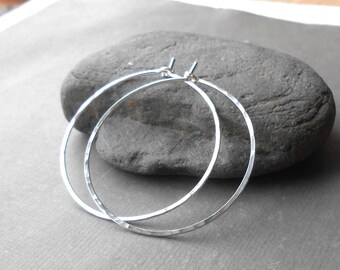 Sterling Silver Hoop Earrings, Medium Thin Hammered Silver Hoops, minimal earrings