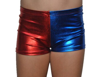 Youth Red and Blue Metallic Spandex Shorts, Kids Halloween Costume