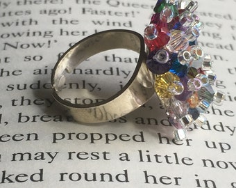 Beautiful handmade Swarovski crystal adjustable cluster ring - multi coloured