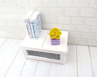 Yellow Echeveria in lilac and white striped vase for dollhouse in 1:12 scale