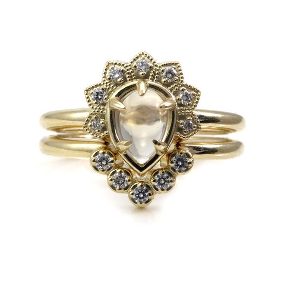 Moonstone and Diamond Tiny Asteroid Engagement Ring Set - 14k Gold - Boho Fine Jewelry