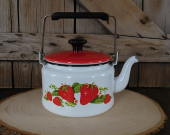 Vintage Enamel Strawberry Tea Kettle, Farm Kitchen, Farmhouse Decor, Enamel Cookware, Kettle