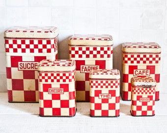 RARE Set of 6 gorgeous French store boxes - Red Checkerboard Lithographed decorative tin - Retro kitchen metal canister