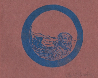 Otter O Monogram Linocut - Alphabet with Animals Typographic Lino Block Print - O is for Otter