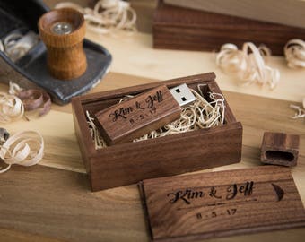 Thin Walnut USB Flash Drive & Wood USB Box Set - Custom Engraved USB