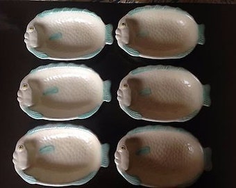 Vintage Shorter Set of Six Cream/Green Fish Dishes