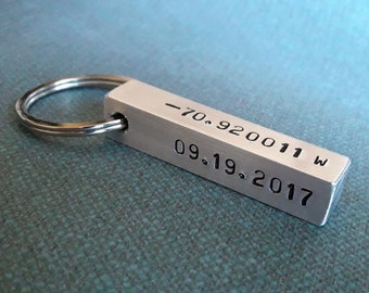 Personalized Coordinate Keychain Aluminum Bar Keychain Latitude Longitude Keychain Stamped Key chain GPS Coordinate Key ring Men Keychain