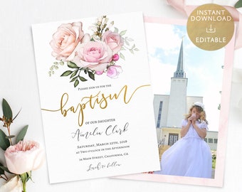 Baptism Invitation Girl LDS Editable PDF Floral Pink Blush Romantic Watercolour Printable Baptism Invite Digital Print Instant Download