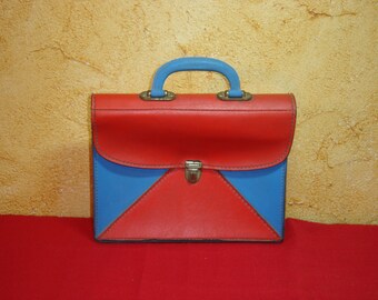 Cartable. Red blue School bag. Sac d'école vintage. France