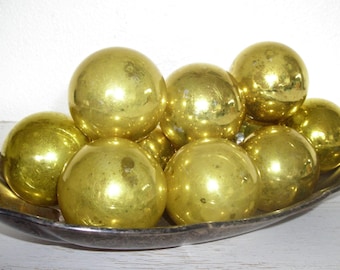 gold Christmas ornaments - vintage glass balls with faded mottled patina - shabby cottage chic - ornate hollywood regency set of 11