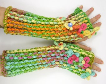 knit fingerless gloves knitted arm warmers knitted fingerless mittens Alice in Wonderland mismatched wearable Art OOAK PiaBarileAccessories